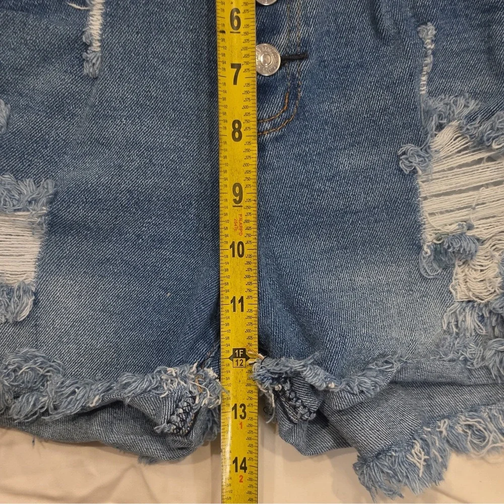 Almost Famous Juniors High Rise Distressed Cut-Off Denim Shorts 7 Blue #97